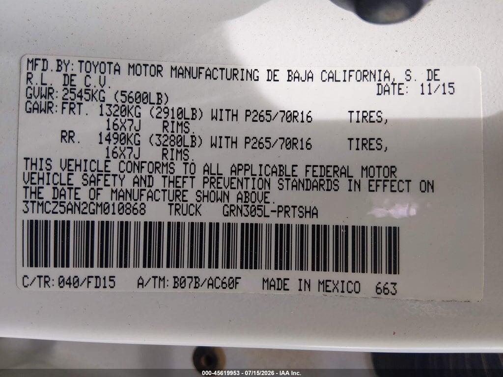3TMCZ5AN2GM010868 2016 TOYOTA TACOMA photo no. 9