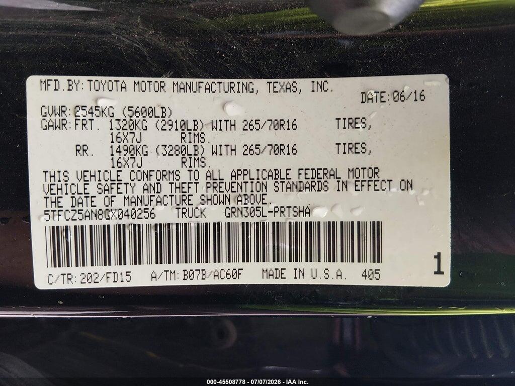 5TFCZ5AN8GX040256 2016 TOYOTA TACOMA photo no. 9