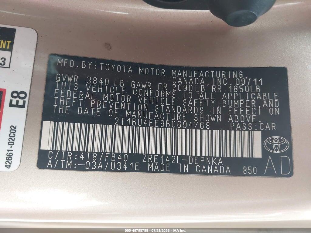2T1BU4EE9BC694768 2011 TOYOTA COROLLA photo no. 9