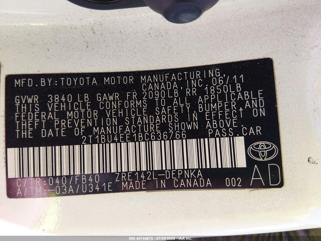 2T1BU4EE1BC636766 2011 TOYOTA COROLLA photo no. 9