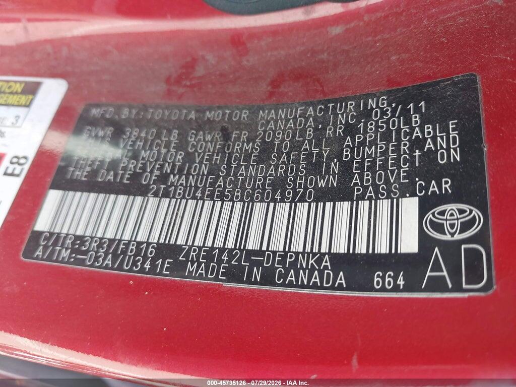 2T1BU4EE5BC604970 2011 TOYOTA COROLLA photo no. 9