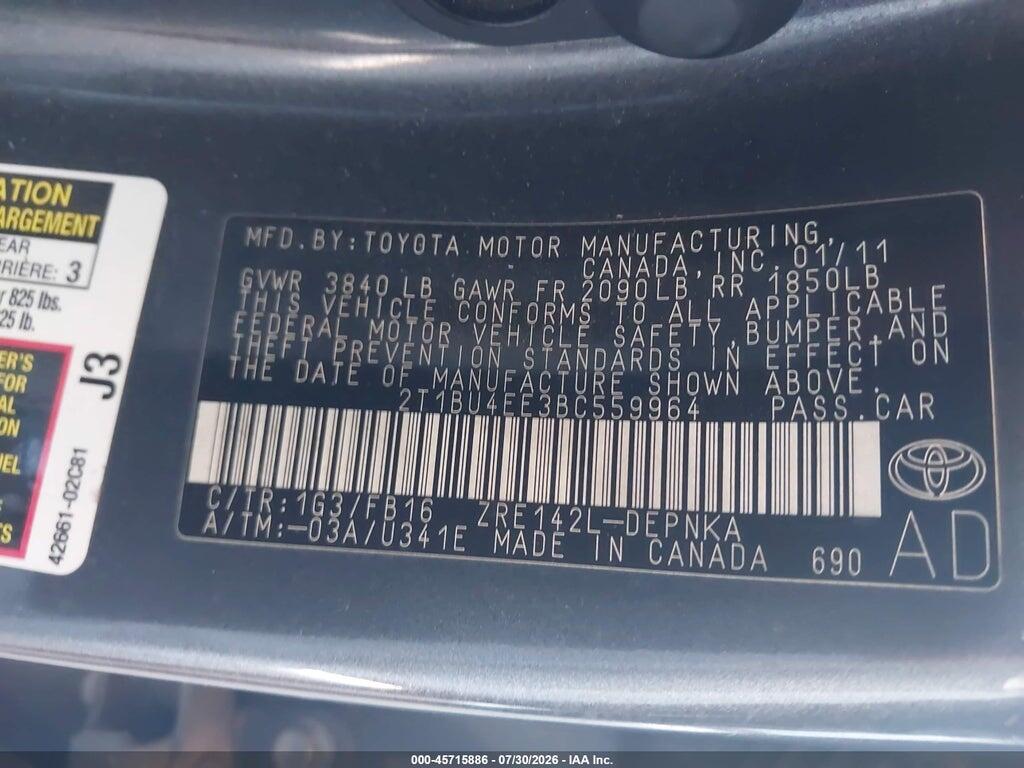 2T1BU4EE3BC559964 2011 TOYOTA COROLLA photo no. 9