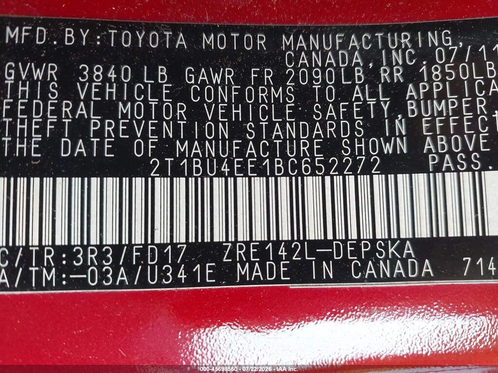 2T1BU4EE1BC652272 2011 TOYOTA COROLLA photo no. 9