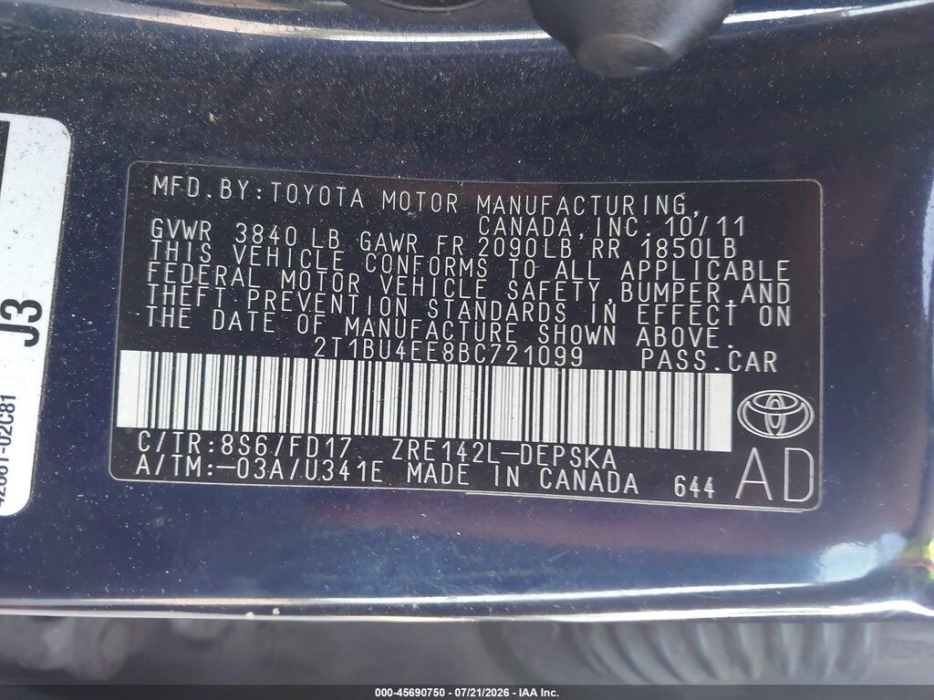 2T1BU4EE8BC721099 2011 TOYOTA COROLLA photo no. 9