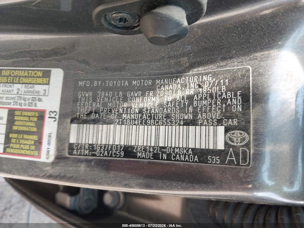 2T1BU4EE9BC655324 2011 TOYOTA COROLLA photo no. 9