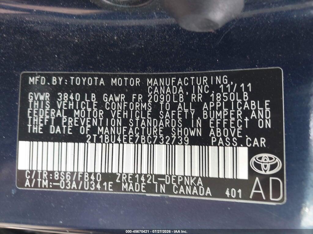 2T1BU4EE7BC732739 2011 TOYOTA COROLLA photo no. 9
