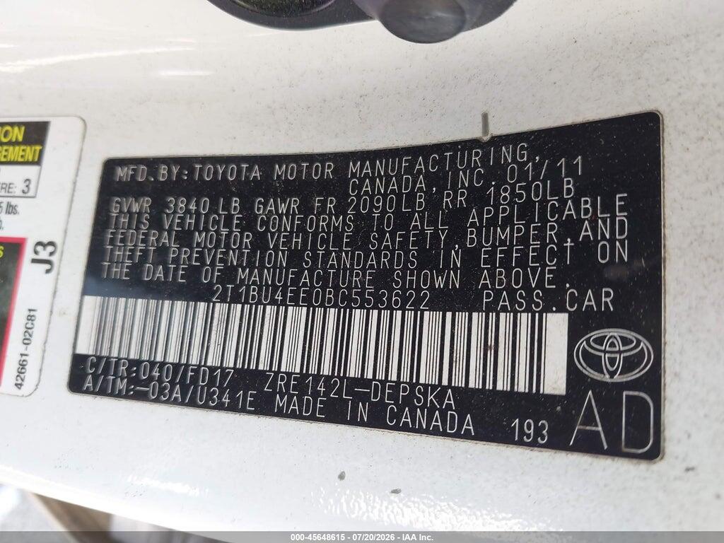 2T1BU4EE0BC553622 2011 TOYOTA COROLLA photo no. 9