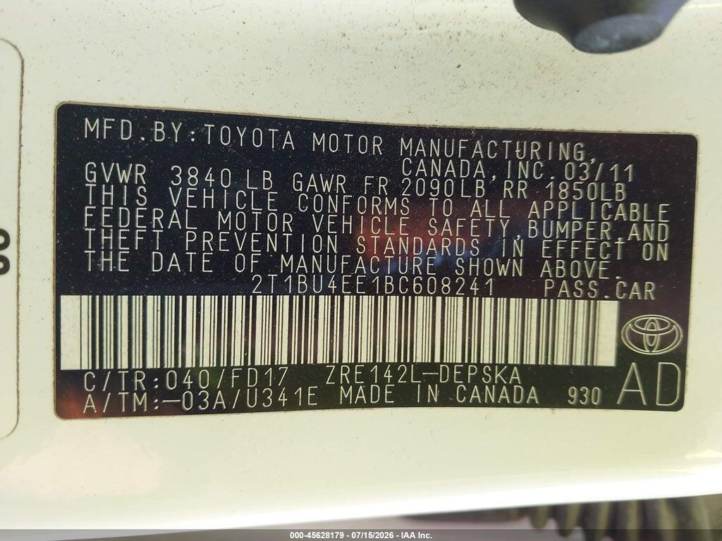 2T1BU4EE1BC608241 2011 TOYOTA COROLLA photo no. 9
