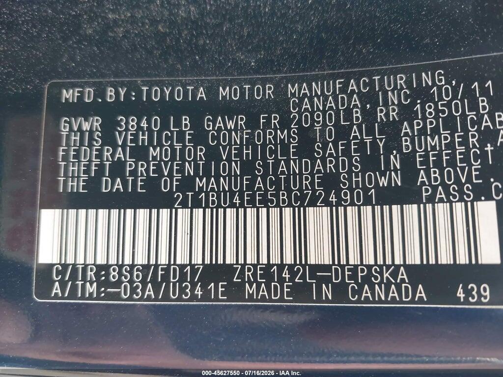 2T1BU4EE5BC724901 2011 TOYOTA COROLLA photo no. 9