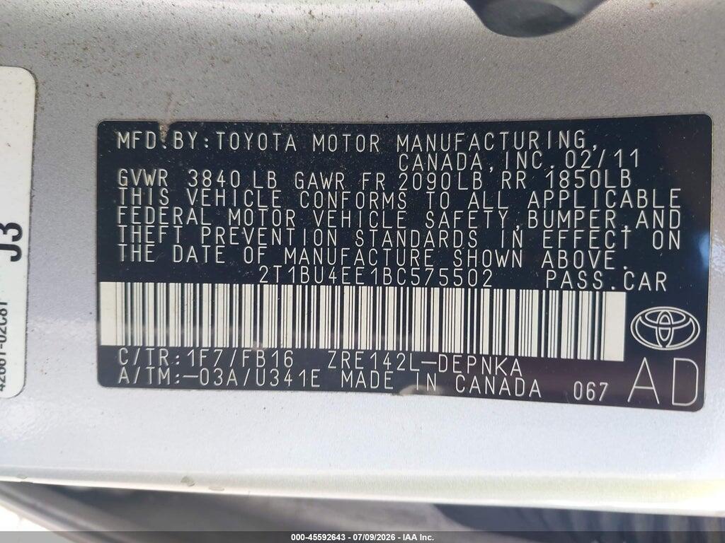 2T1BU4EE1BC575502 2011 TOYOTA COROLLA photo no. 9
