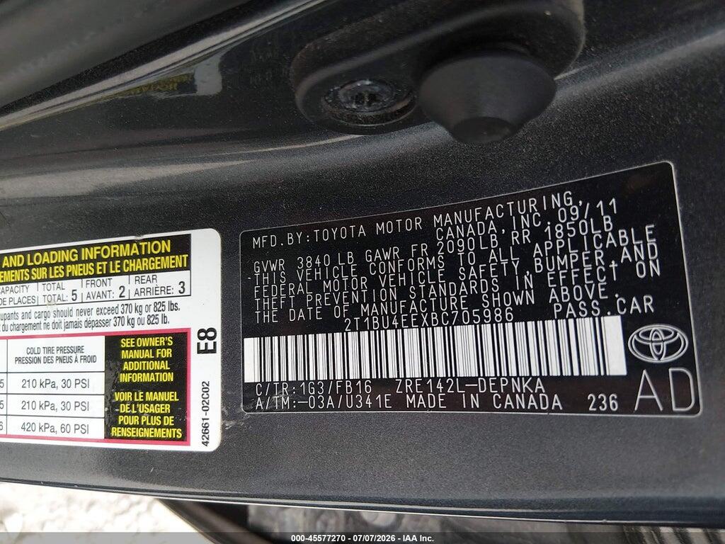 2T1BU4EEXBC705986 2011 TOYOTA COROLLA photo no. 9