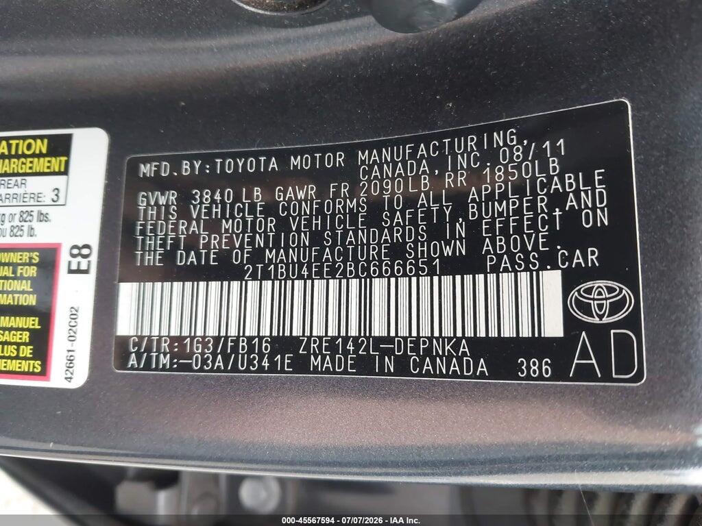 2T1BU4EE2BC666651 2011 TOYOTA COROLLA photo no. 9