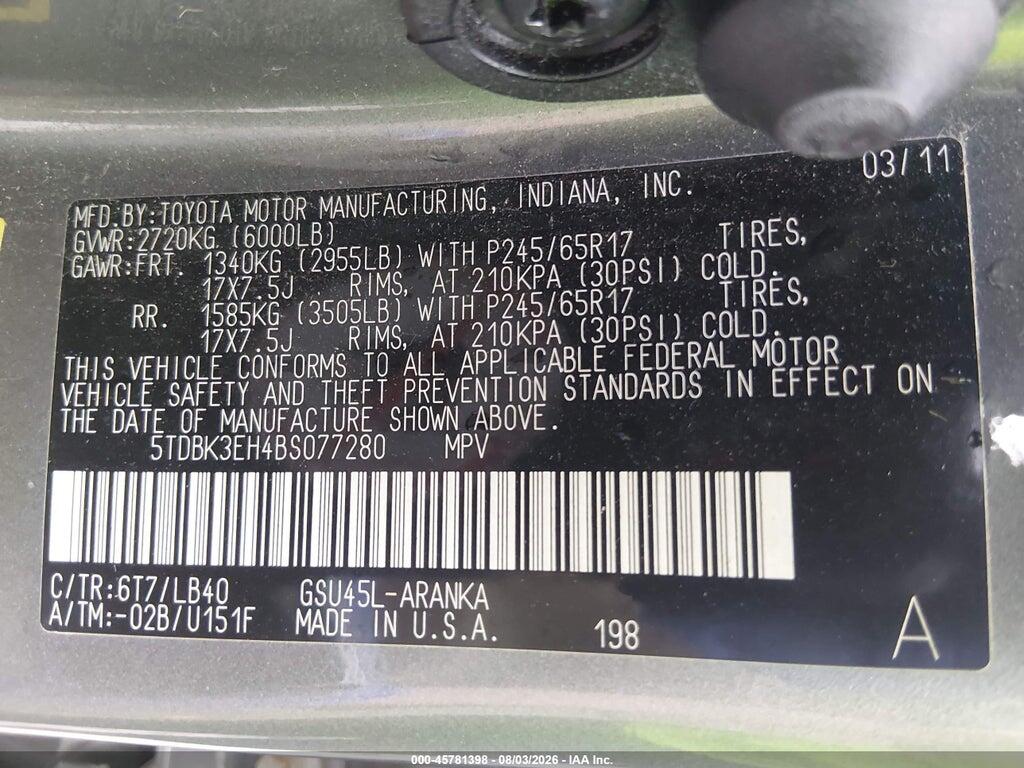 5TDBK3EH4BS077280 2011 TOYOTA HIGHLANDER photo no. 9