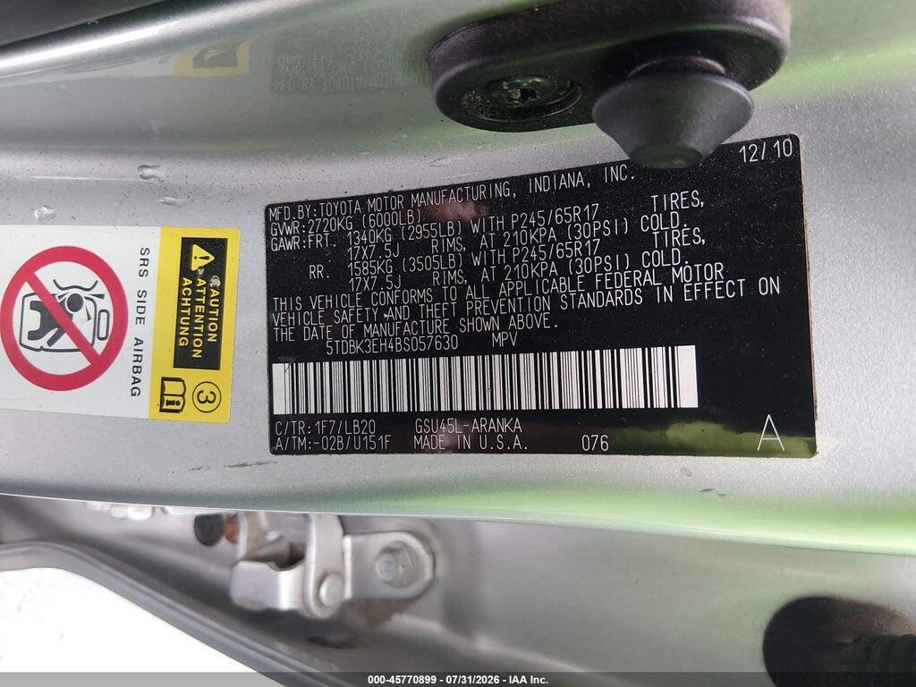 5TDBK3EH4BS057630 2011 TOYOTA HIGHLANDER photo no. 9