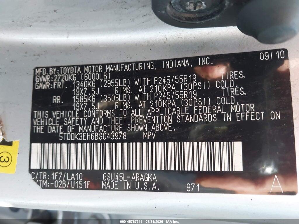 5TDDK3EH6BS043978 2011 TOYOTA HIGHLANDER photo no. 9