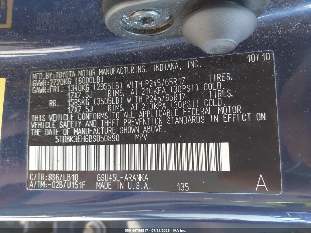 5TDBK3EH6BS050890 2011 TOYOTA HIGHLANDER photo no. 9