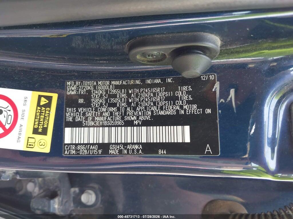 5TDBK3EH1BS059965 2011 TOYOTA HIGHLANDER photo no. 9