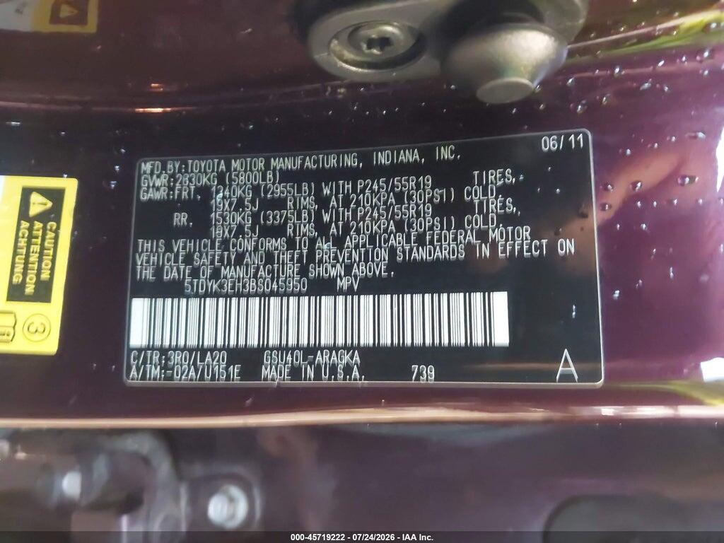 5TDYK3EH3BS045950 2011 TOYOTA HIGHLANDER photo no. 9