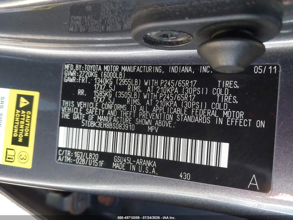5TDBK3EH8BS083910 2011 TOYOTA HIGHLANDER photo no. 9