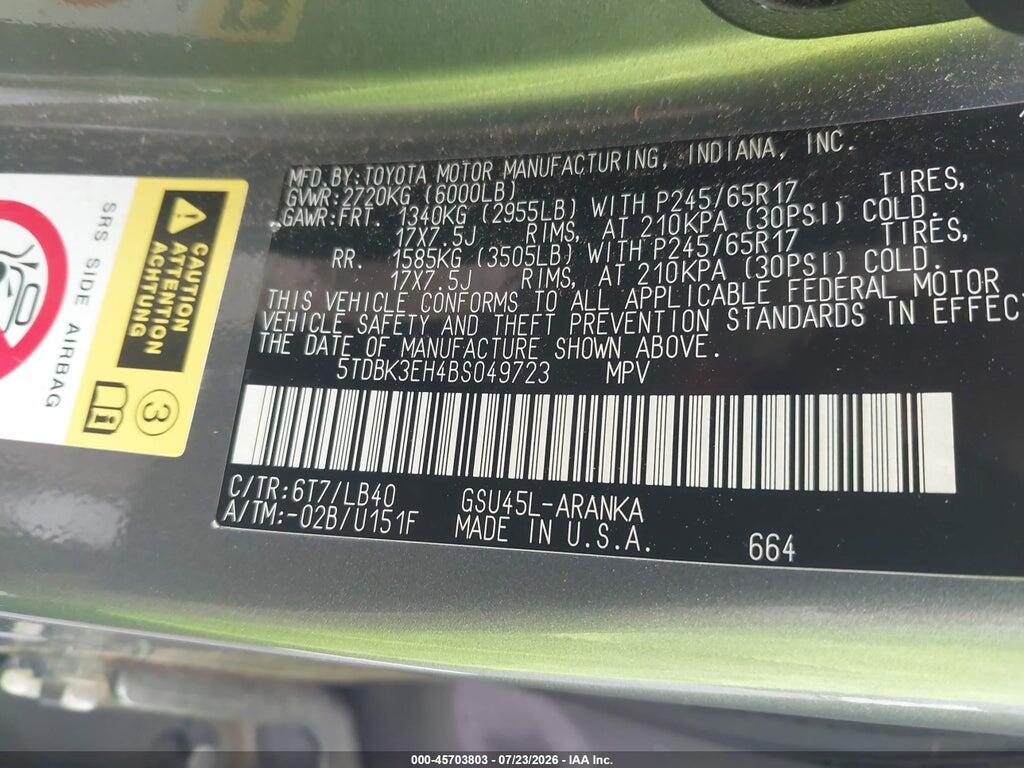 5TDBK3EH4BS049723 2011 TOYOTA HIGHLANDER photo no. 9
