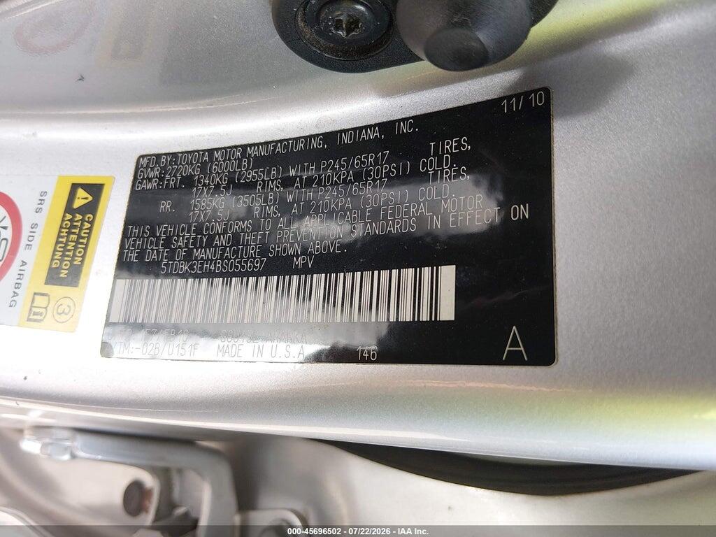 5TDBK3EH4BS055697 2011 TOYOTA HIGHLANDER photo no. 9