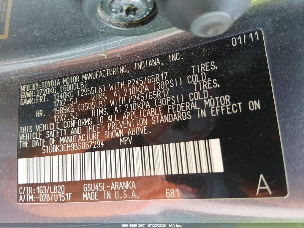 5TDBK3EH9BS067294 2011 TOYOTA HIGHLANDER photo no. 9