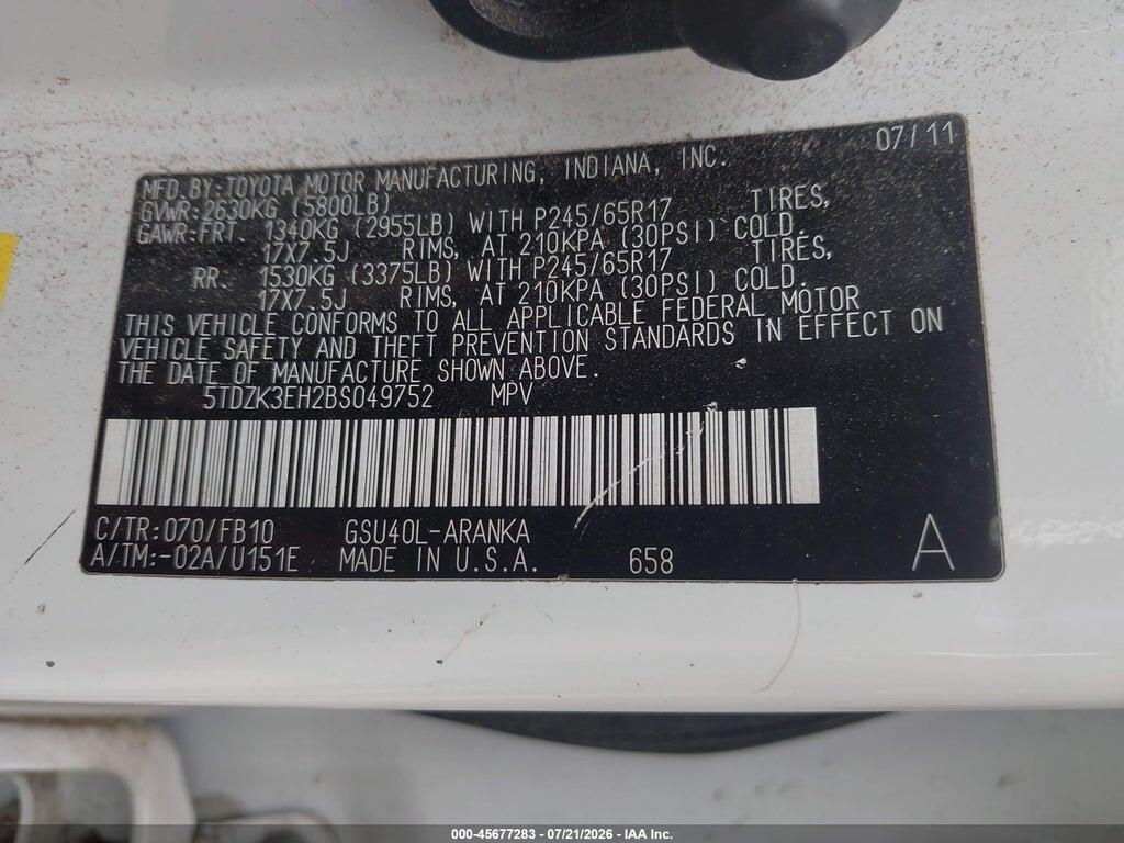 5TDZK3EH2BS049752 2011 TOYOTA HIGHLANDER photo no. 9