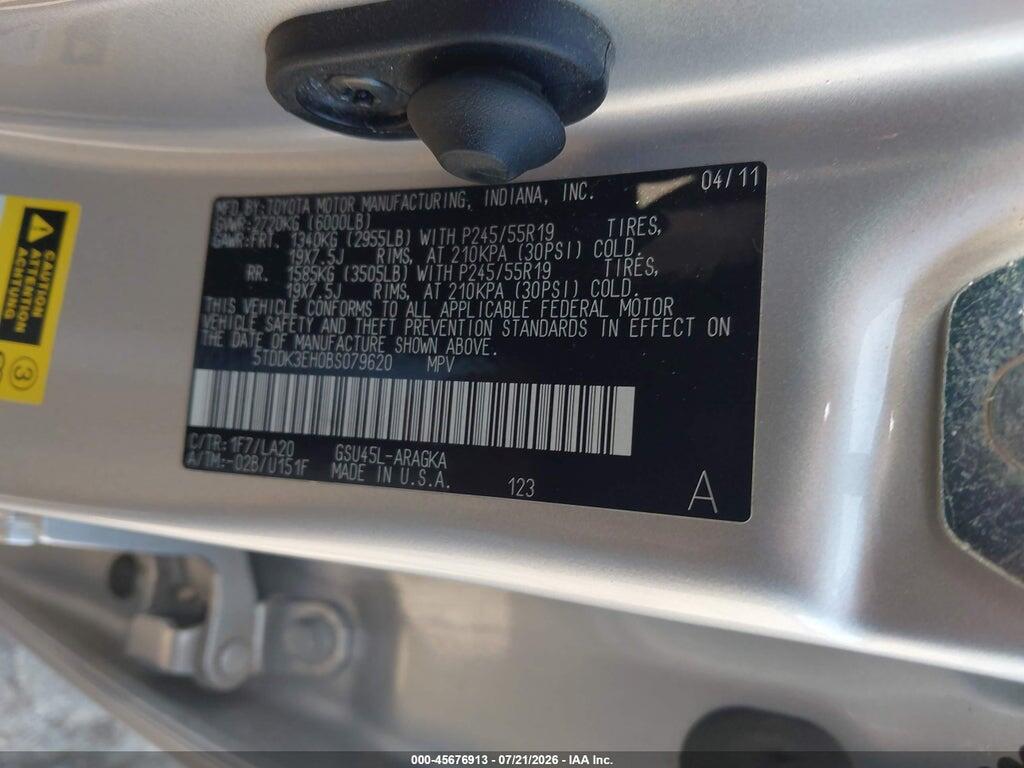 5TDDK3EH0BS079620 2011 TOYOTA HIGHLANDER photo no. 9