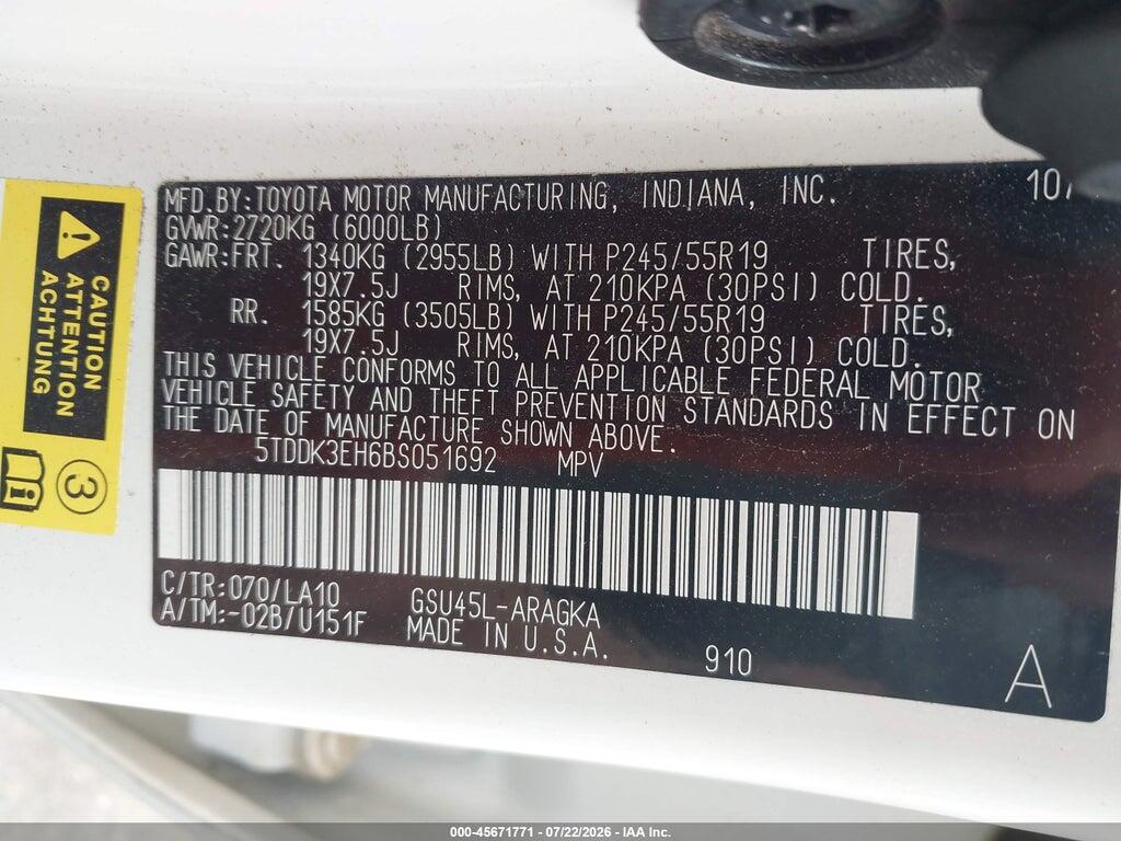 5TDDK3EH6BS051692 2011 TOYOTA HIGHLANDER photo no. 9