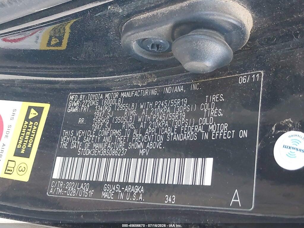 5TDDK3EH3BS086237 2011 TOYOTA HIGHLANDER photo no. 9