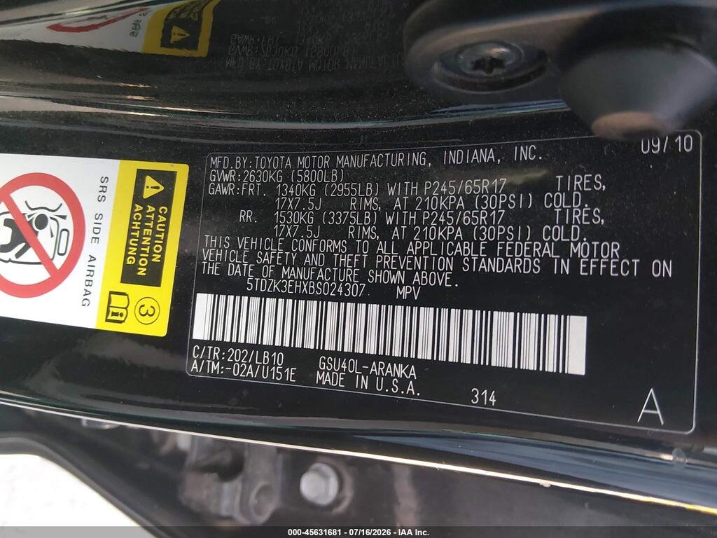 5TDZK3EHXBS024307 2011 TOYOTA HIGHLANDER photo no. 9