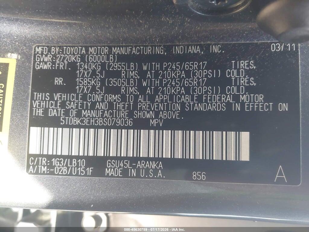 5TDBK3EH3BS079036 2011 TOYOTA HIGHLANDER photo no. 9