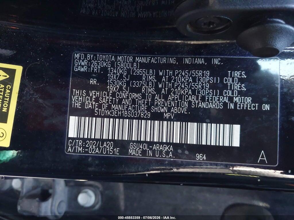 5TDYK3EH1BS037829 2011 TOYOTA HIGHLANDER photo no. 9