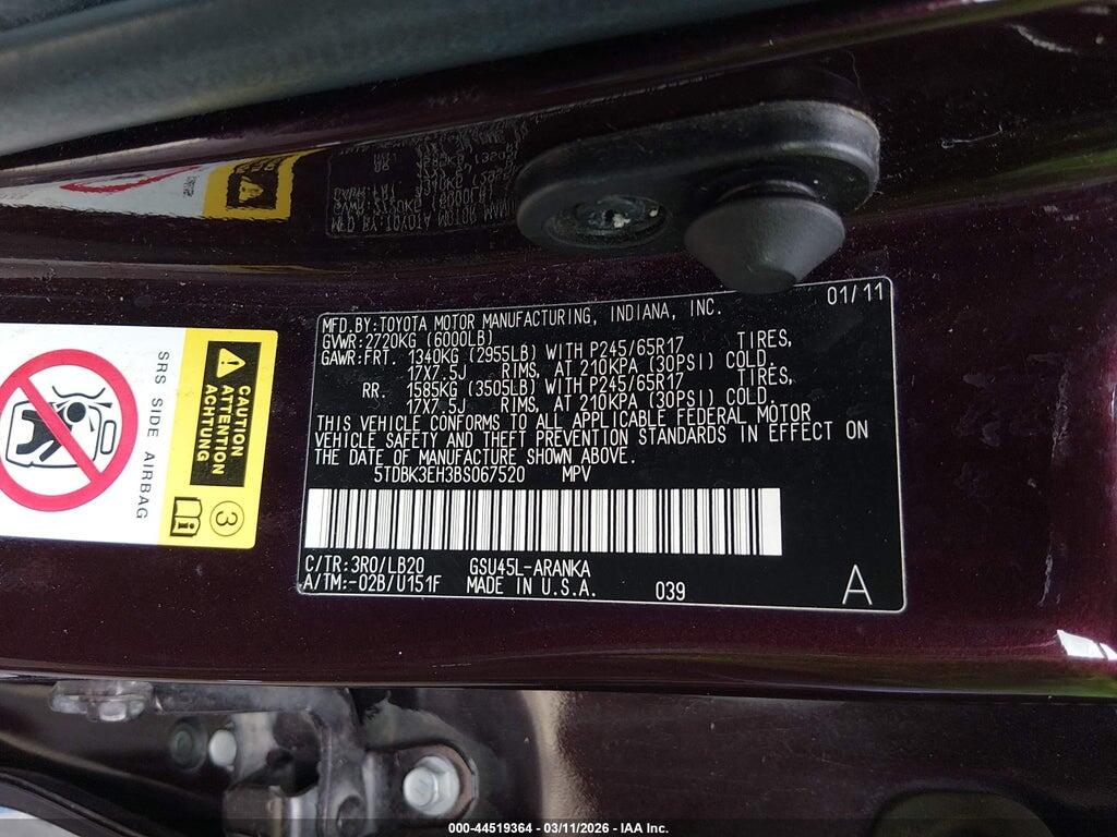 5TDBK3EH3BS067520 2011 TOYOTA HIGHLANDER photo no. 9