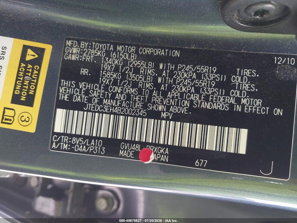 JTEDC3EH4B2002345 2011 TOYOTA HIGHLANDER HYBRID photo no. 9