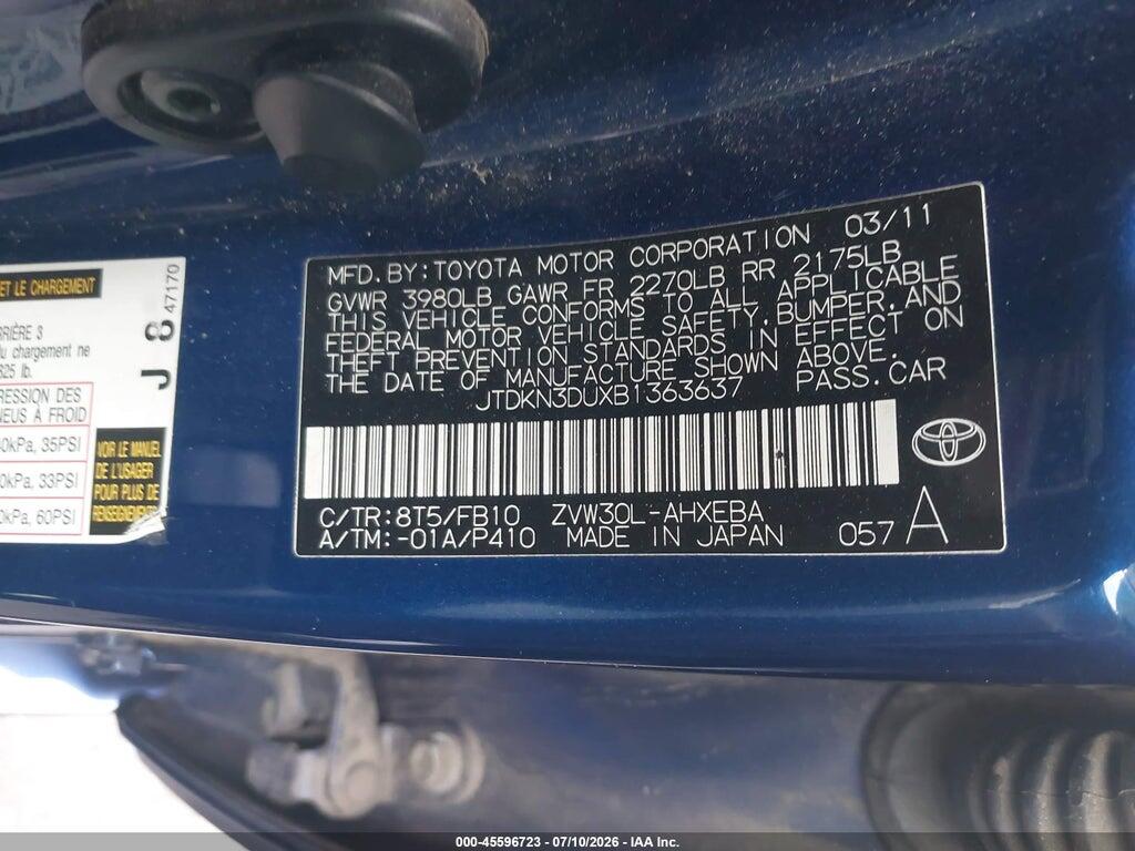 JTDKN3DUXB1363637 2011 TOYOTA PRIUS photo no. 9
