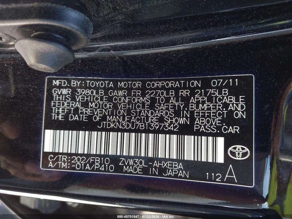 JTDKN3DU7B1397342 2011 TOYOTA PRIUS photo no. 9