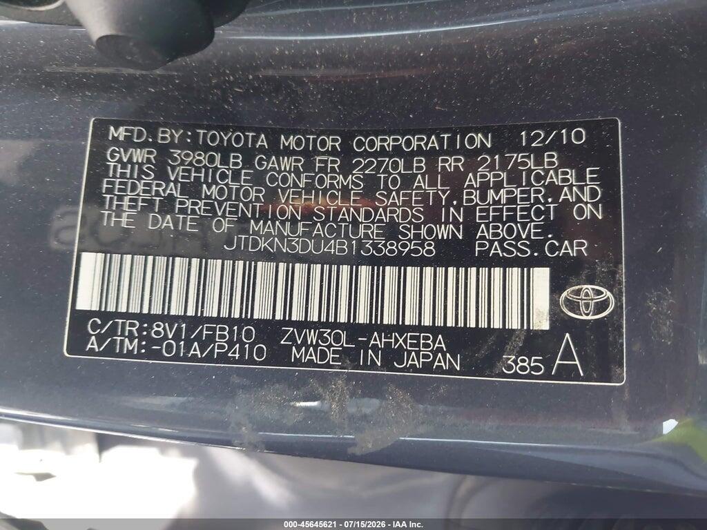 JTDKN3DU4B1338958 2011 TOYOTA PRIUS photo no. 9