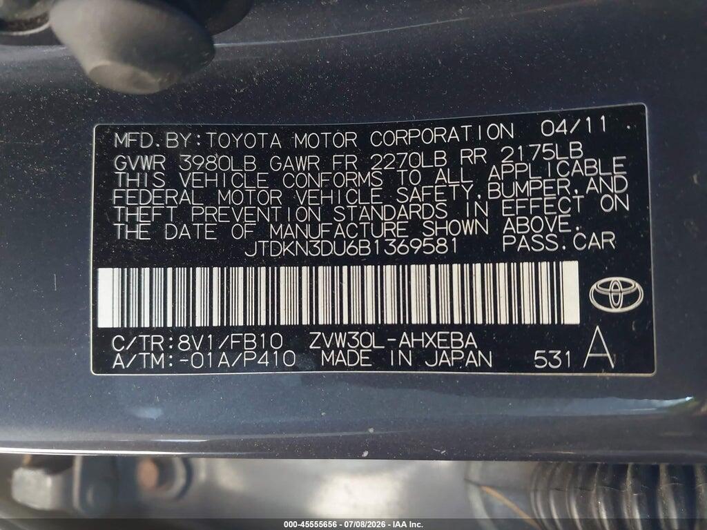 JTDKN3DU6B1369581 2011 TOYOTA PRIUS photo no. 9