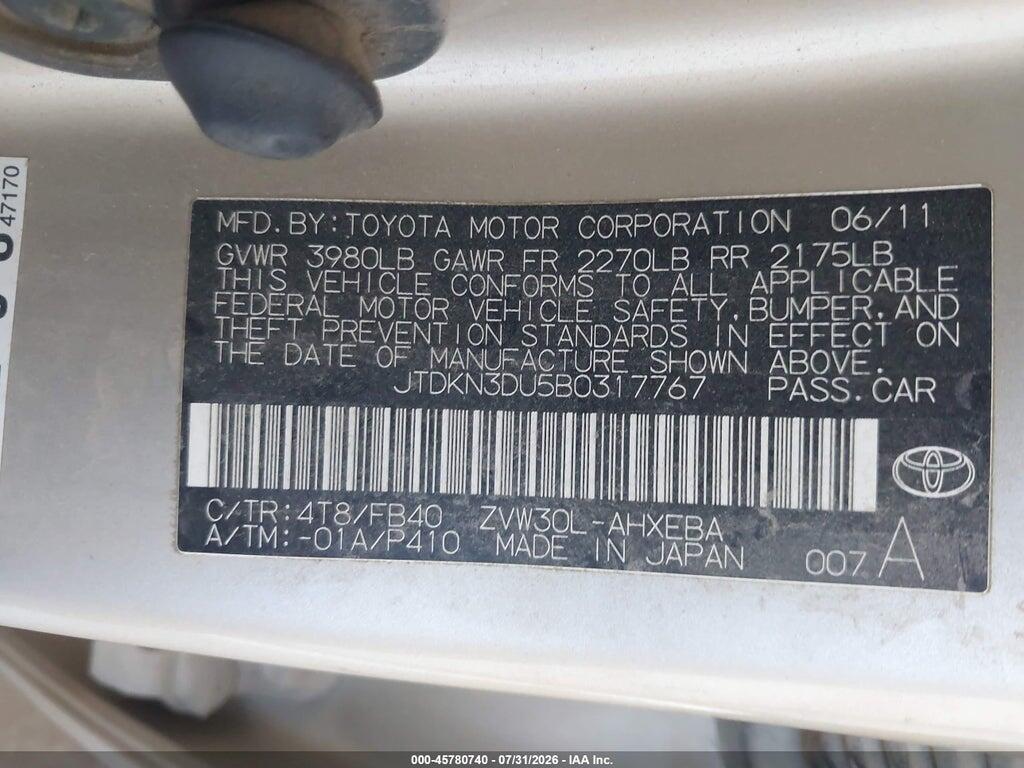 JTDKN3DU5B0317767 2011 TOYOTA PRIUS photo no. 9