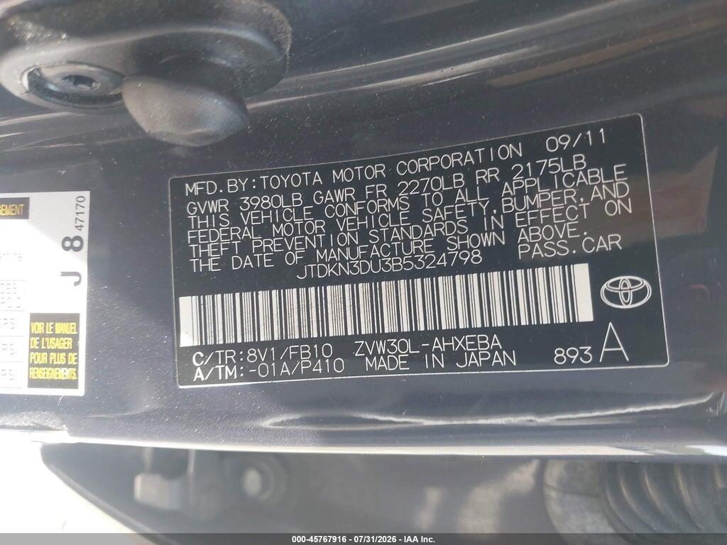 JTDKN3DU3B5324798 2011 TOYOTA PRIUS photo no. 9