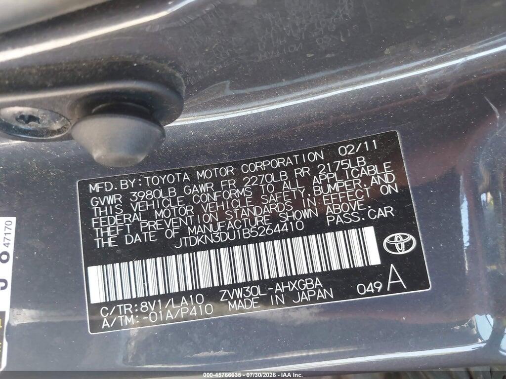 JTDKN3DU1B5264410 2011 TOYOTA PRIUS photo no. 9