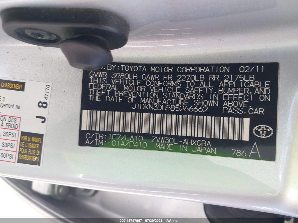 JTDKN3DU5B5266662 2011 TOYOTA PRIUS photo no. 9