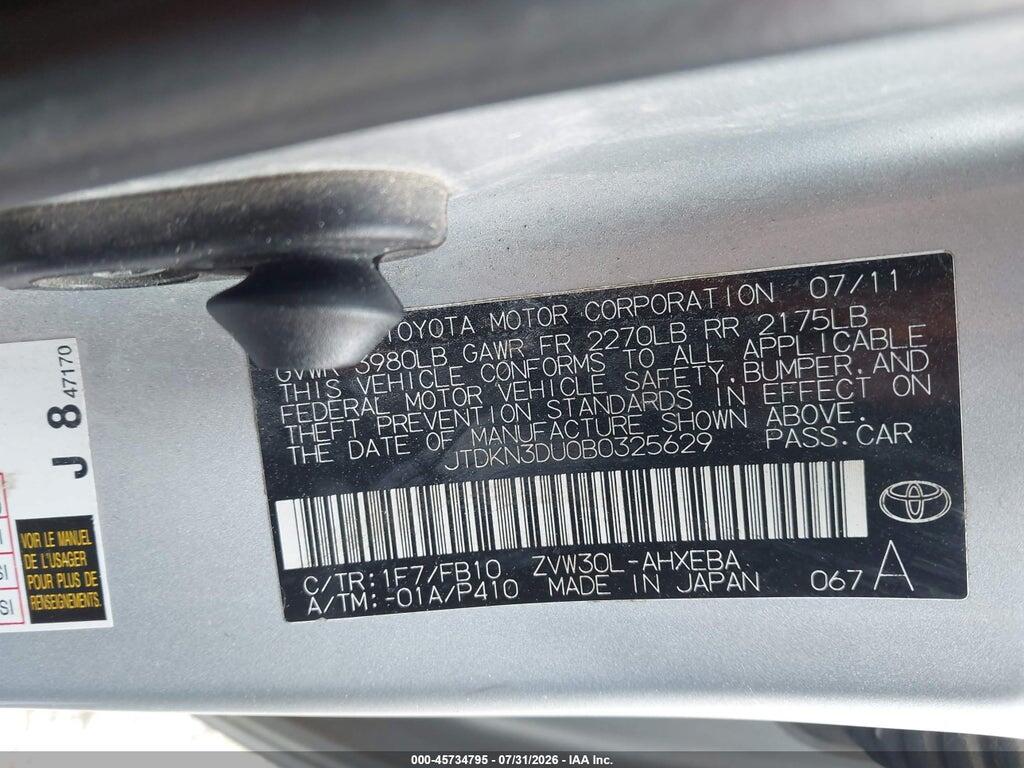 JTDKN3DU0B0325629 2011 TOYOTA PRIUS photo no. 9