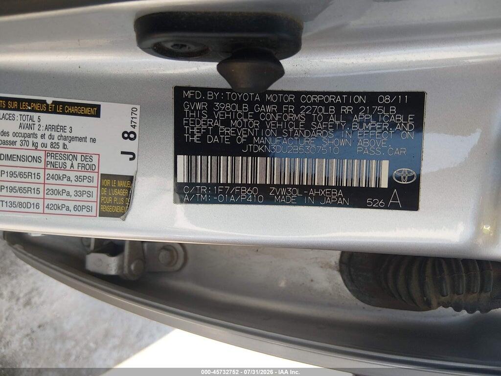 JTDKN3DU2B5307510 2011 TOYOTA PRIUS photo no. 9