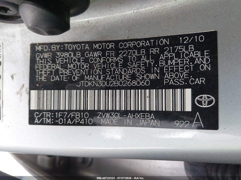 JTDKN3DU2B0268060 2011 TOYOTA PRIUS photo no. 9