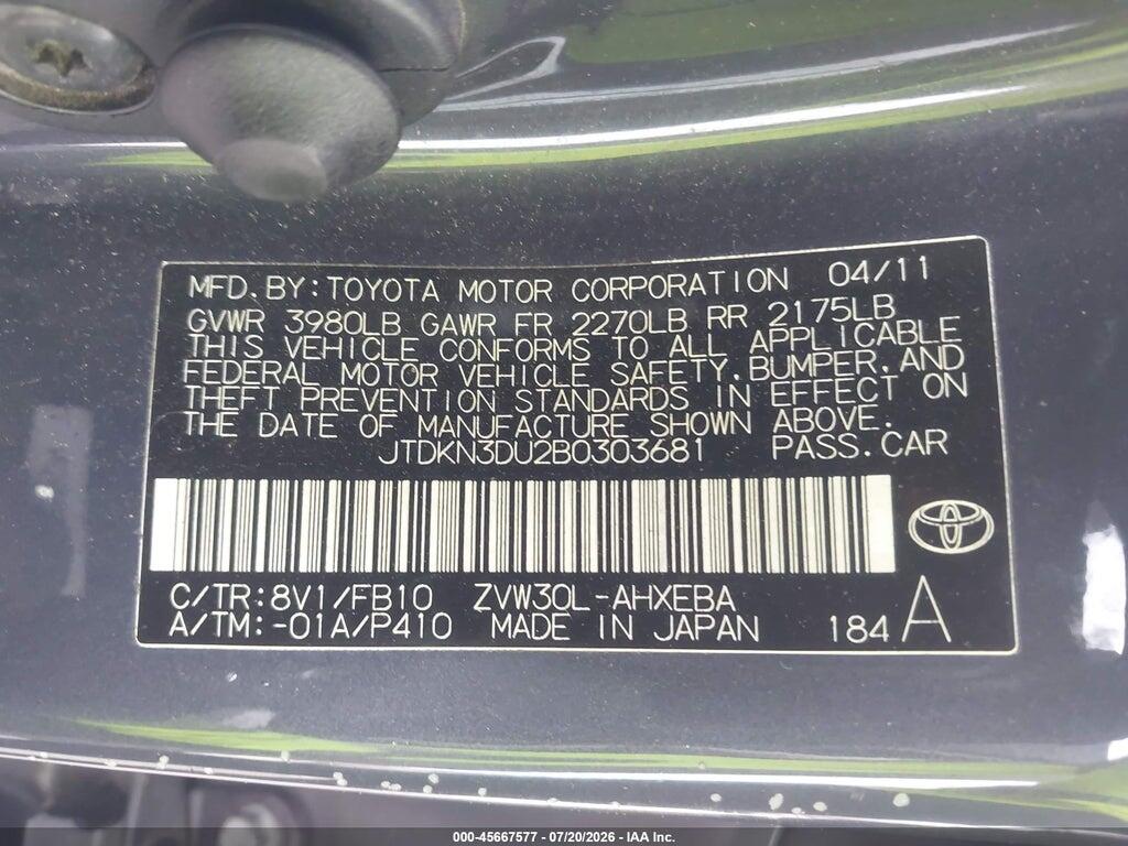 JTDKN3DU2B0303681 2011 TOYOTA PRIUS photo no. 9