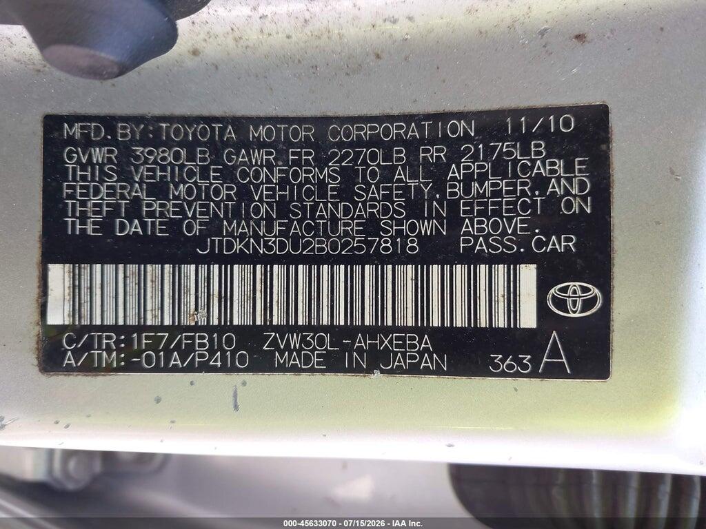 JTDKN3DU2B0257818 2011 TOYOTA PRIUS photo no. 9
