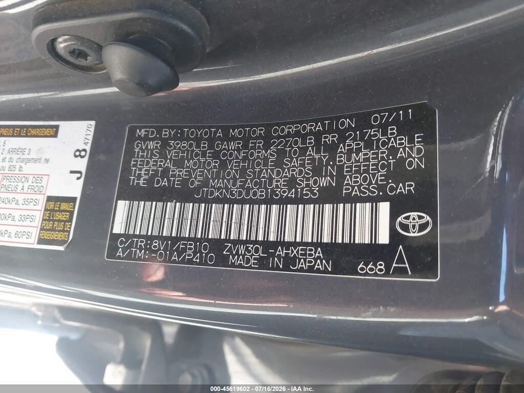 JTDKN3DU0B1394153 2011 TOYOTA PRIUS photo no. 9