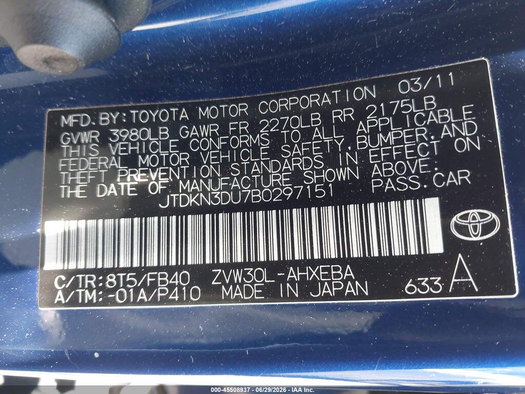 JTDKN3DU7B0297151 2011 TOYOTA PRIUS photo no. 9